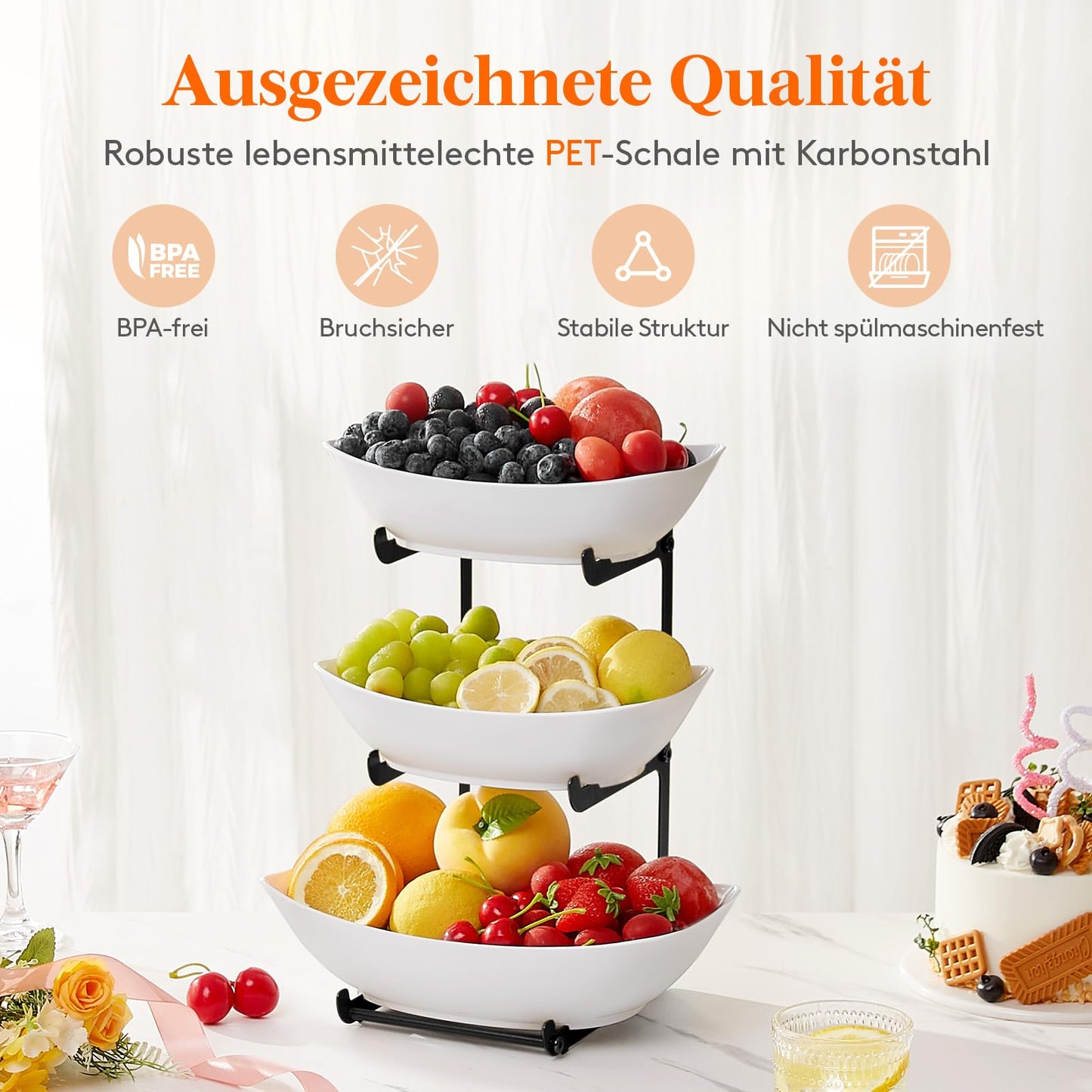 Lifewit Obst Etagere mit 3 Etagen,Obstschalen aus Kunstsoff mit Schwarzem Metallregal, Obstkorb Etagere 3 Stöckig, Obstständer Obstregal mit Weiße Servierplatte für Buffets/Obst/Snack/Gemüse/Desserts
