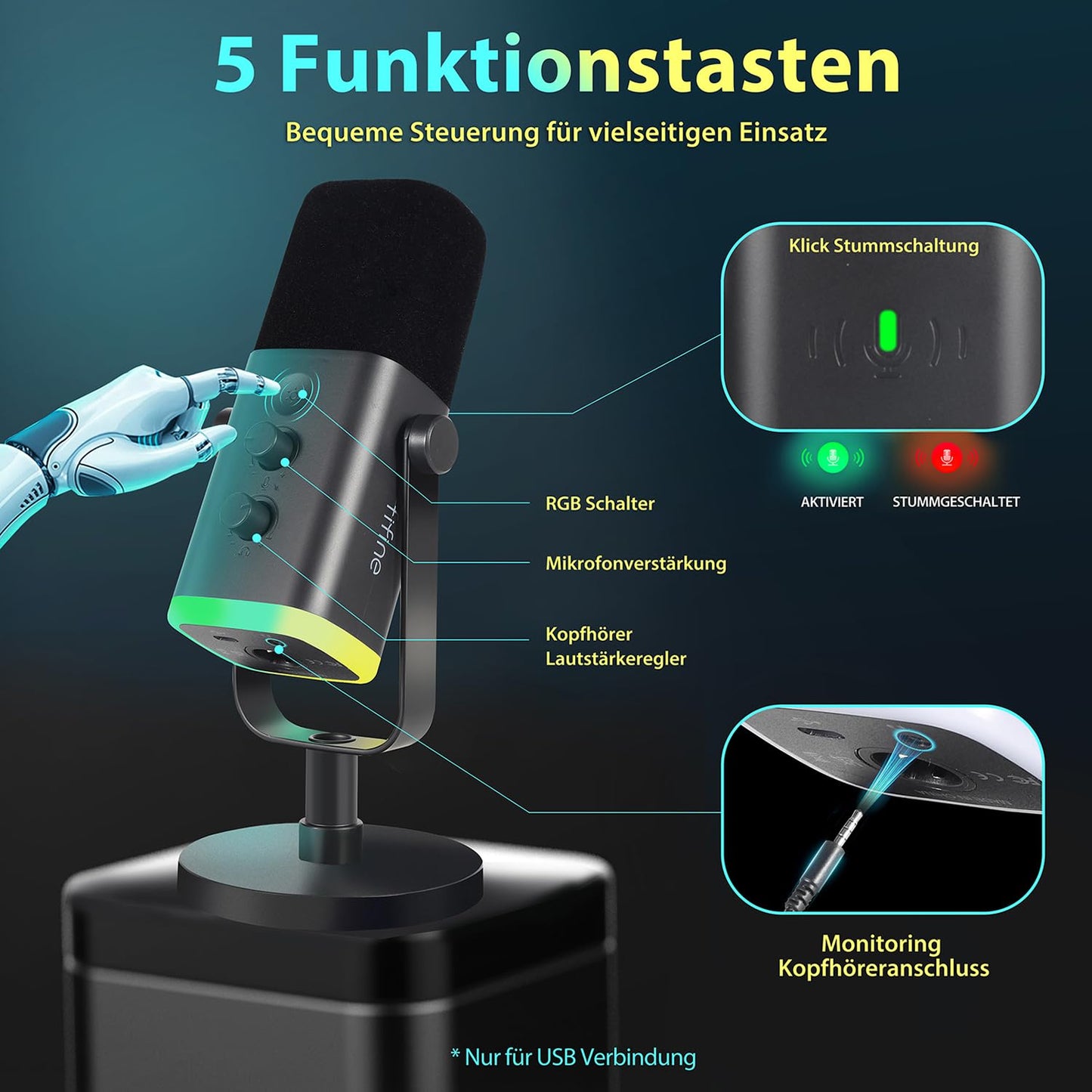 FIFINE XLR Gaming Mikrofon für Streaming Podcast Studio, USB Dynamisch Microphone PC mit Stummschalttaste, für PS4/5 Mac Mixer Soundkarten