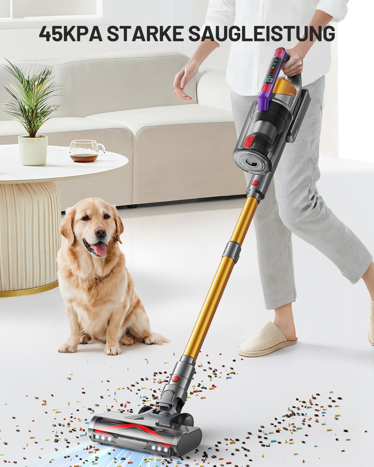 Kissof Akku Staubsauger, 45000Pa/550W/70 Mins Staubsauger Kabellos Mit Selbststehende Funktion, Anti-Tangle-Bodenbürste, Duftkarte, Hocheffizientes Hepa-Filtersystem für Hartböden Teppiche Tierhaare