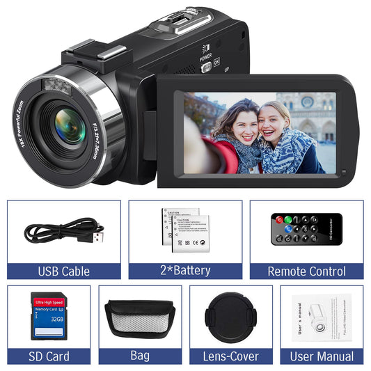 Videokamera 4K Camcorder 48MP mit IR Nachtsicht, 18X Digitalzoom 30 FPS Webcam Video Kamera 3.0-Zoll 270° Rotation Touchscreen Vlogging Kamera für YouTube mit Fernbedienung, 2 Batterien, 32GB SD Karte