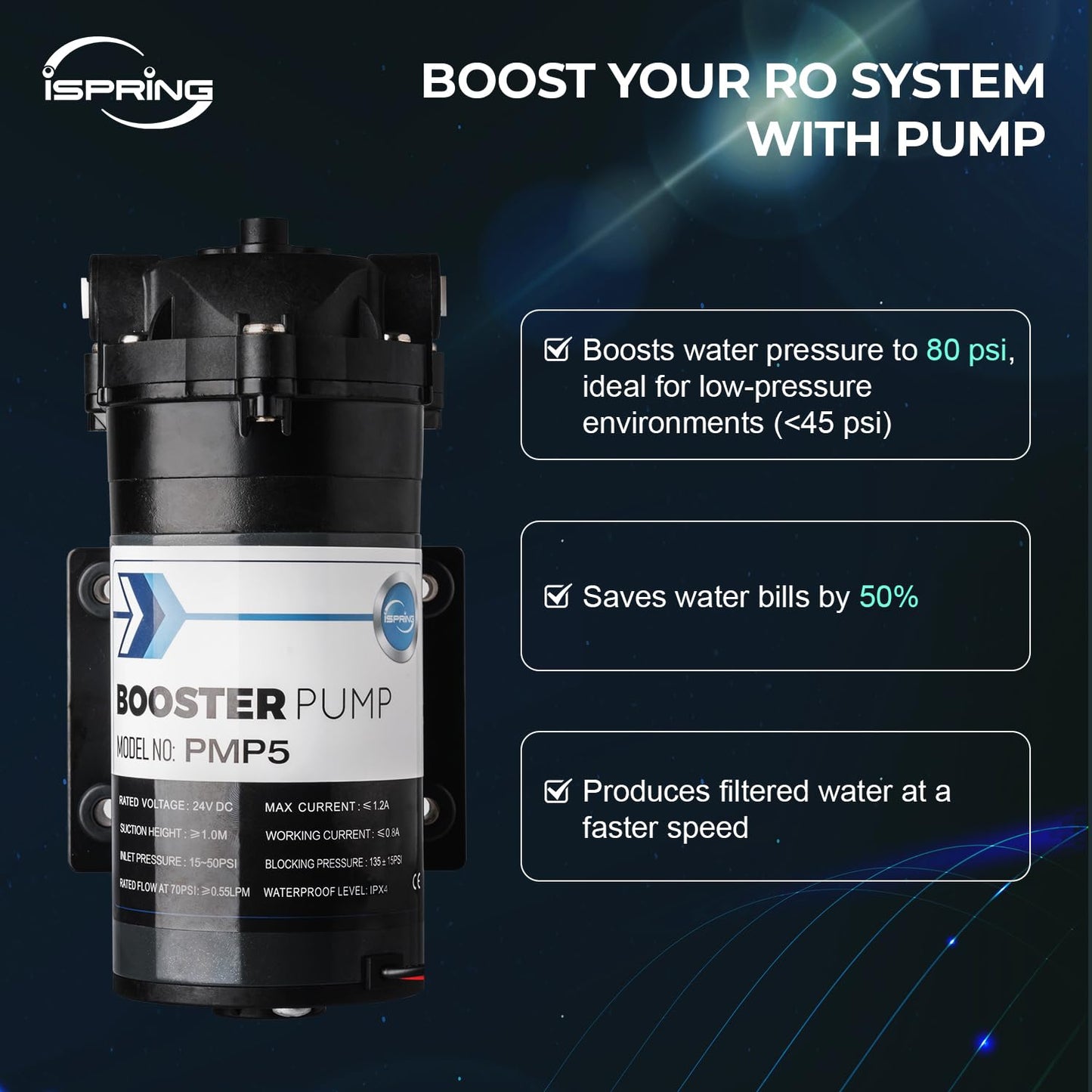 iSpring RCC7P-AK 6-stufiges Umkehrosmose-System unter dem Waschbecken mit alkalischem Wasserfilter und Pumpe, pH+, 75 GPD, TDS-Reduktion, WQA-zertifiziertes RO-Trinkwasser-Filtrationssystem