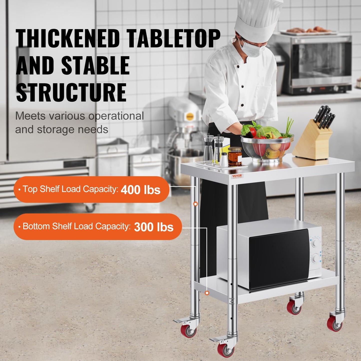 VEVOR Arbeitstisch Edelstahl 76 x 46 x 86 cm Werkbank Catering Arbeitstisch etwas 100 kg für Belastbarkeit Lebensmittel Zubereitungstisch Gewerbliche Arbeitstisch für Küche 4 verstellbare Füße