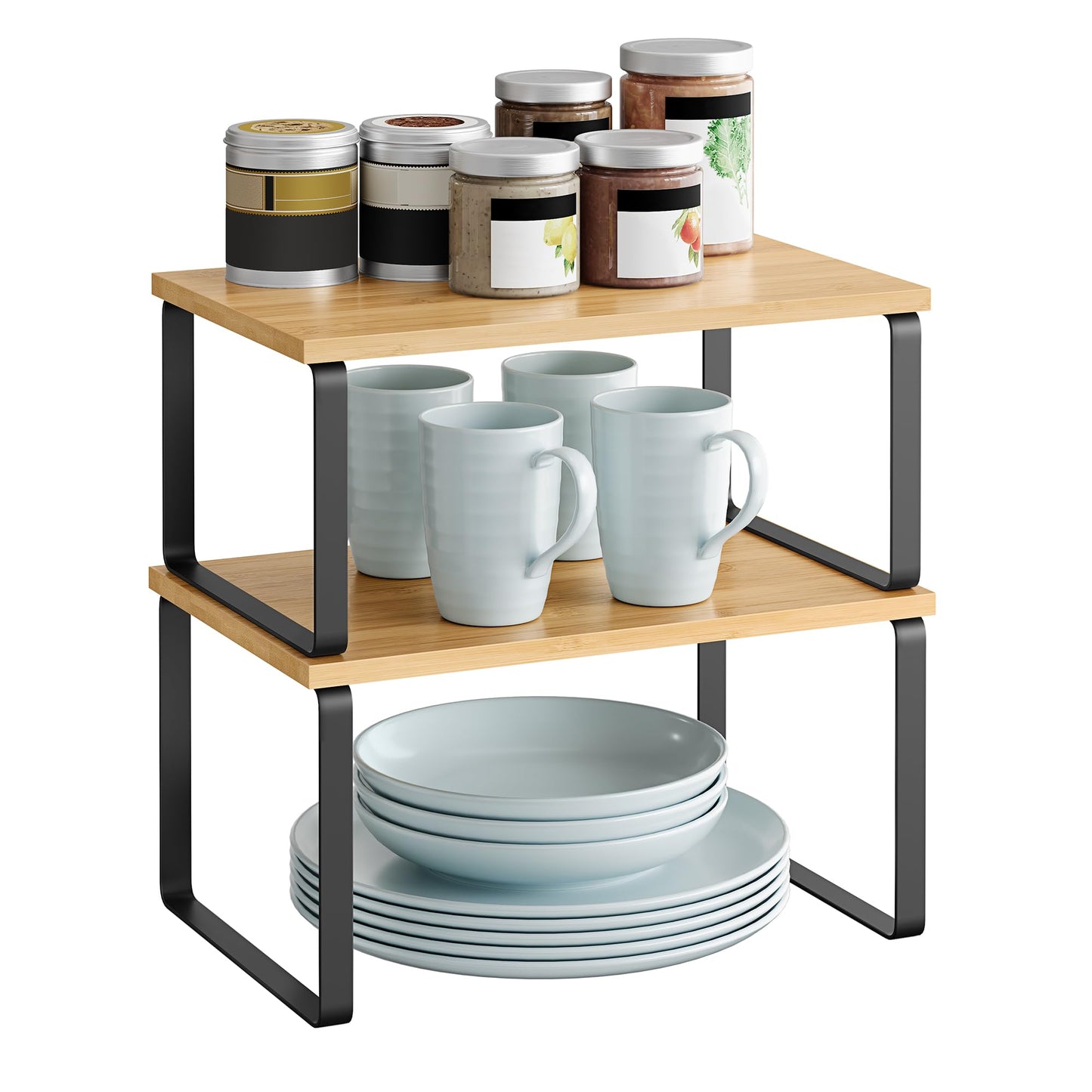 SONGMICS Gewürzregal, 2er Set Küchen-Organizer, Küchenregal, Schrank-Organizer Küche, erweiterbar, kleines Regal, stapelbar, Metall und Holzwerkstoff, tintenschwarz-naturbeige KCS02NB