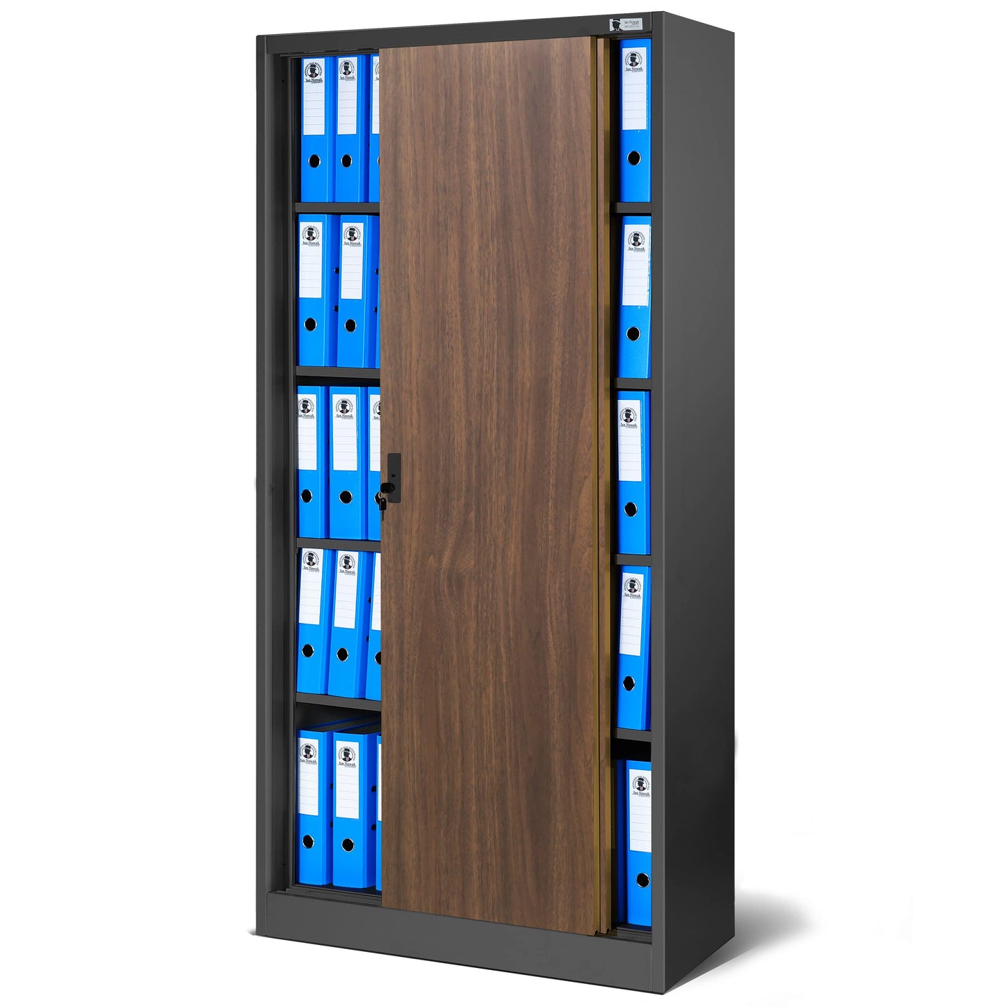 Jan Nowak Aktenschrank Büroschrank mit Schiebetüren Metall 4 Fachböden Pulverbeschichtung Abschließbar 185 cm x 90 cm x 40 cm (Anthrazit/Holzoptik)