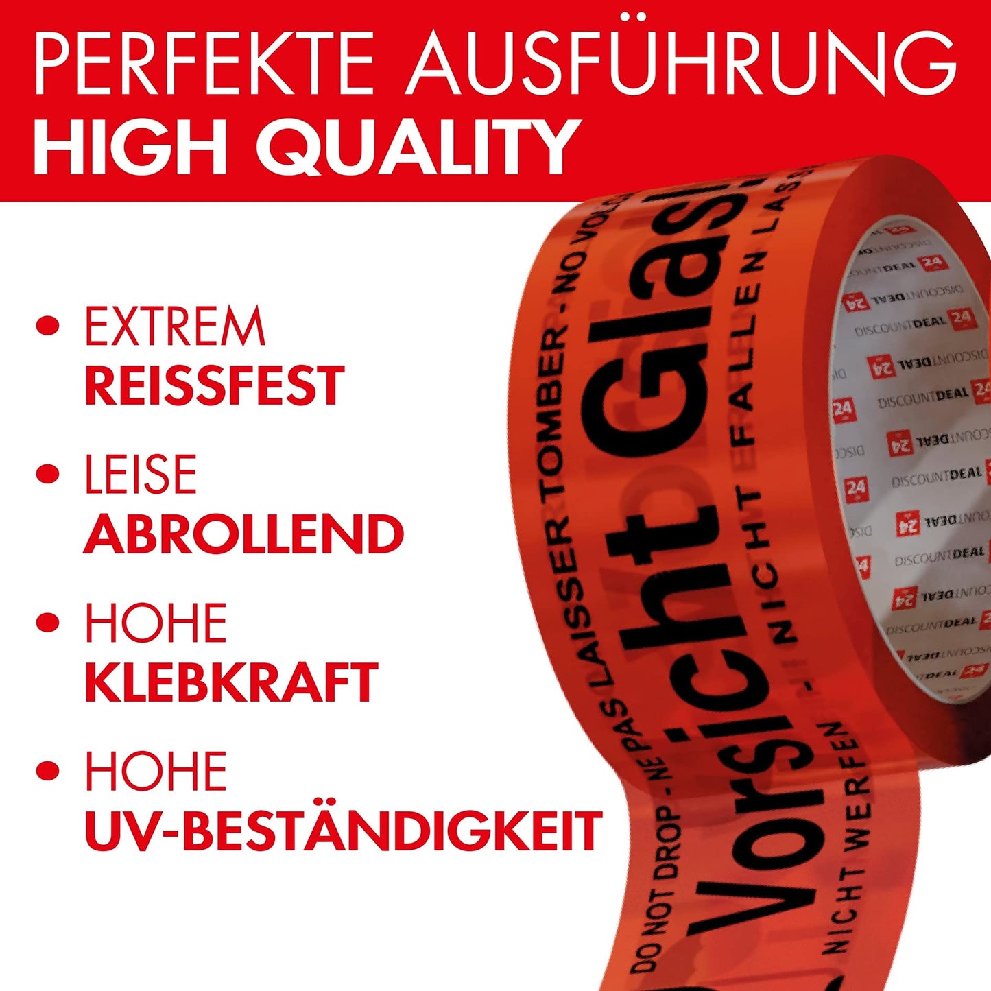 Paketband Vorsicht Glas zerbrechlich 5cm x 66m in rot (6 Rollen) - Vorsicht Glas Paketband extra stark - Klebeband mehrsprachig für fragile und zerbrechliches Glas - Paketklebeband als Rollenset