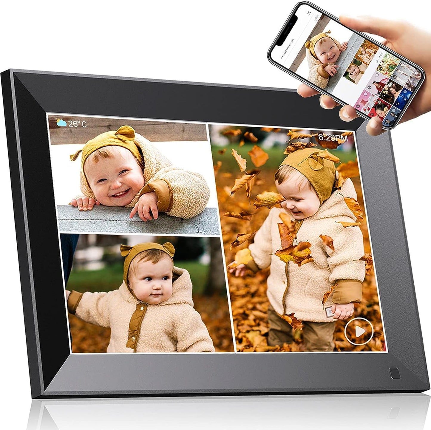 Zcyge WLAN Digitaler Bilderrahmen 10.1 Zoll，Videoclips und Fotos sofort per E-Mail oder App teilen，Automatische Bilderdrehung, Energiesparender Bewegungssensor,Schwarz…