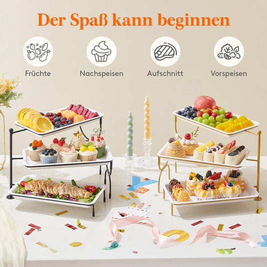 Lifewit 3-stufiges Serviertablett für Partyzubehör, 30x17cm Servierplatte zum Anrichten von Speisen, weiße Wiederverwendbare, Tabletts Obstschale für Gemüse, Obst, Kekse, Desserts, Schwarz