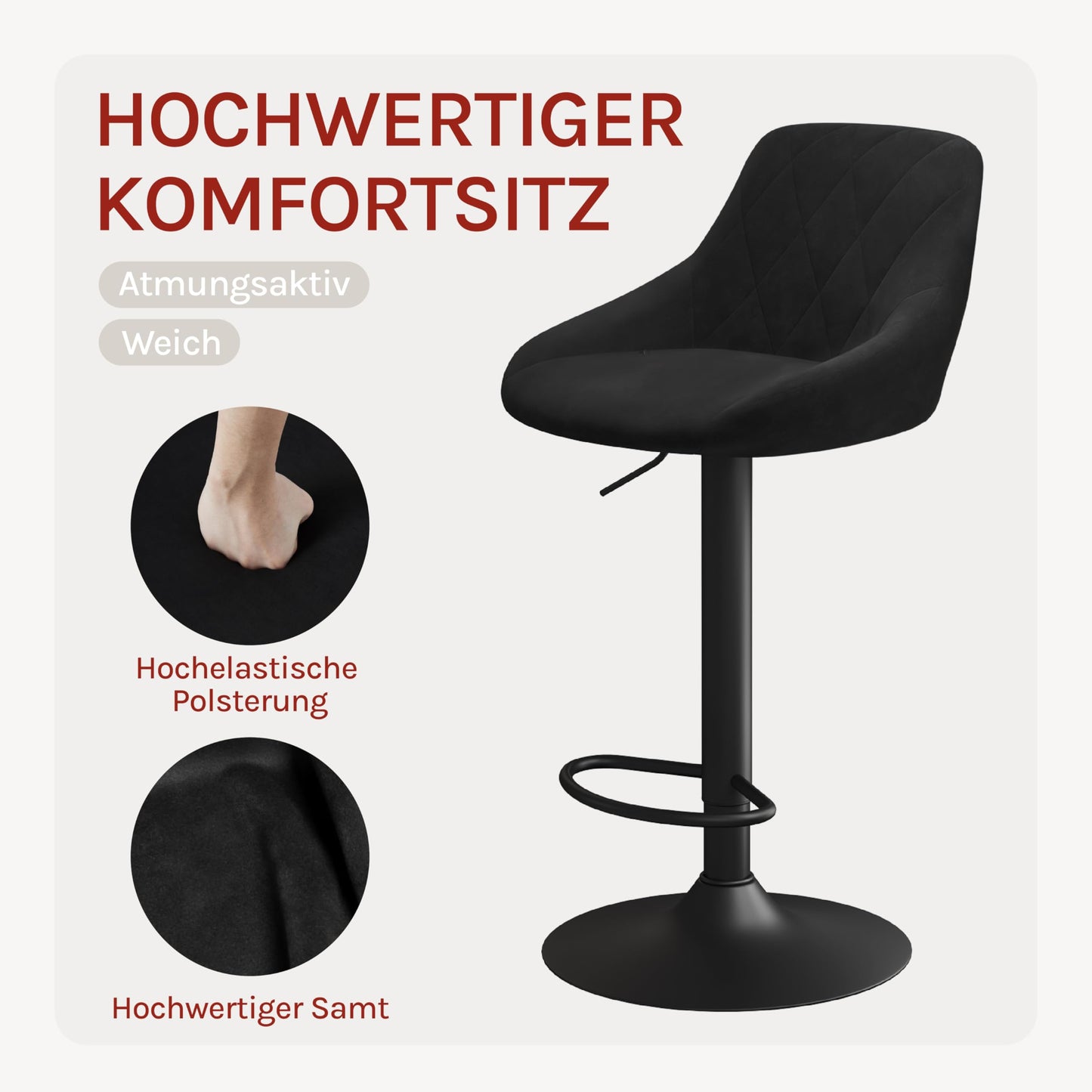 WOLTU BH219sz-2 Barhocker Tresenhocker, Gute gepolstert, Samt, Höhenverstellbar, Drehbar, 2 x Hocker, Schwarz