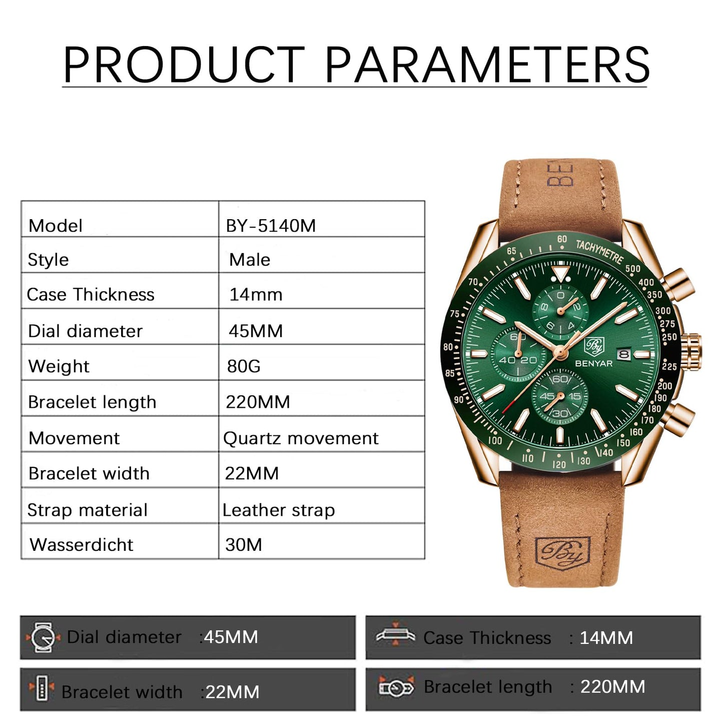 BY BENYAR Herren Business Analoger Chronograph Quarzuhr 30M Wasserdicht Leuchtende Datumsanzeige Modische Freizeituhr Sport Multifunktions Lederuhr.（Gold Grün）