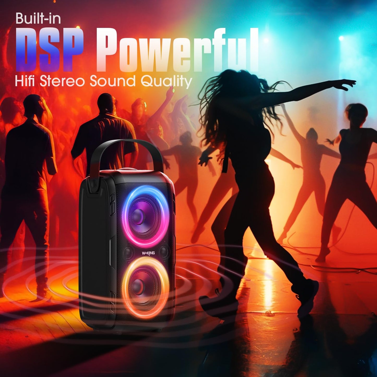 W-KING 180W PEAK Bluetooth Lautsprecher Box Groß, Kabelloser Musikbox Bluetooth Party Box Boombox mit Natürlich Tiefer Bass/4 Treiber 2 Subwoofer, 80W Riesig 105dB Sound/IPX5/Lichter/24H/USB/TF/AUX/EQ
