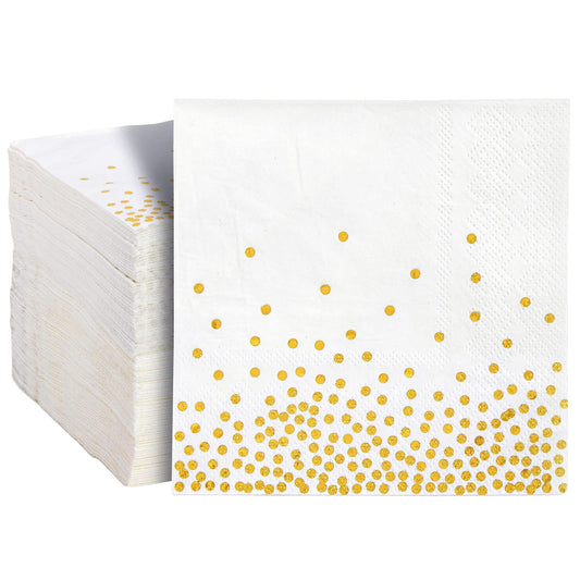 Juvale Einweg-Papierservietten (Set, 100 Stück) - 3-Lagig, Cocktailservietten - Für Partys, Feste - Weiß/Goldfarbenes Konfetti, 12,7 x 12,7 cm