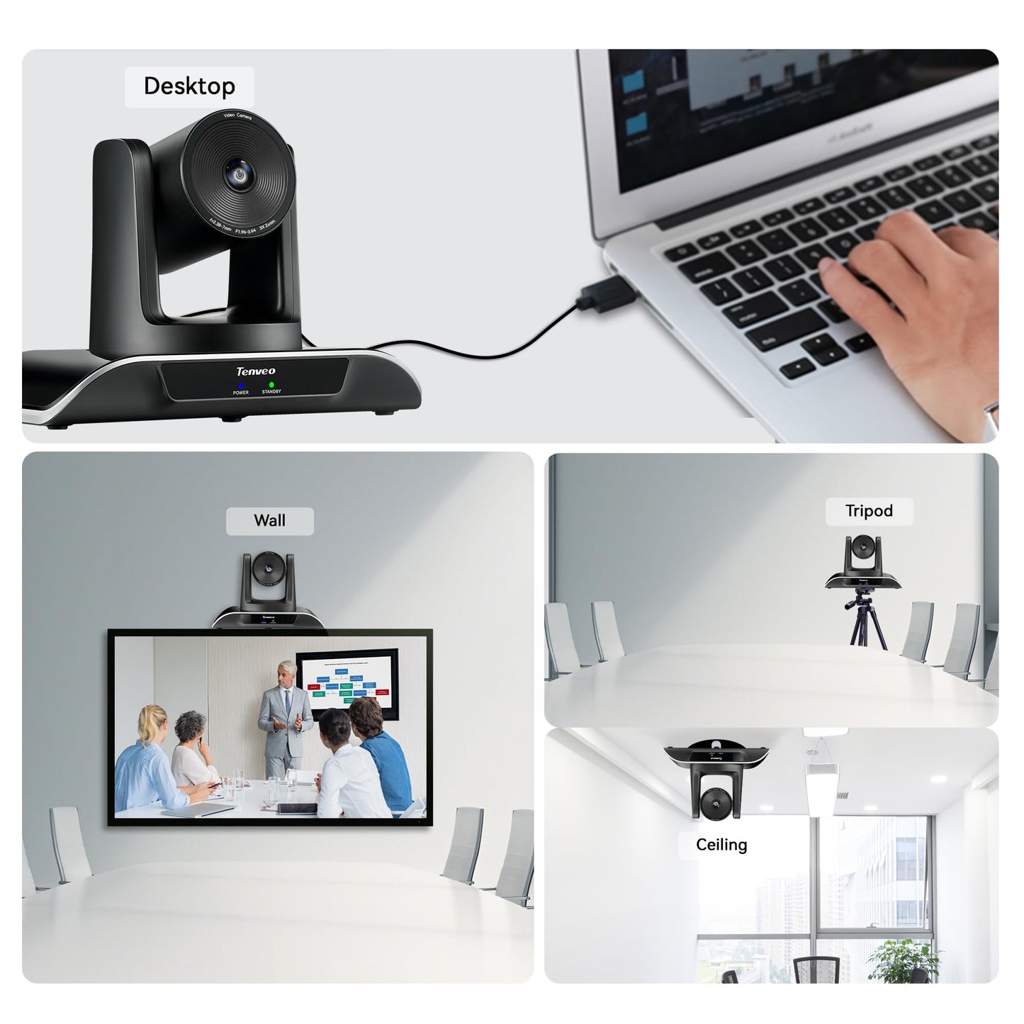 Tenveo PTZ Kamera HDMI/USB3.0 Konferenzkamera 3X optischer Zoom Konferenzraumkamera 1080p 60fps 114° Weitwinkel für Konferenzräume zusammen mit Skype Zoom Equipment (VHD3UPro)