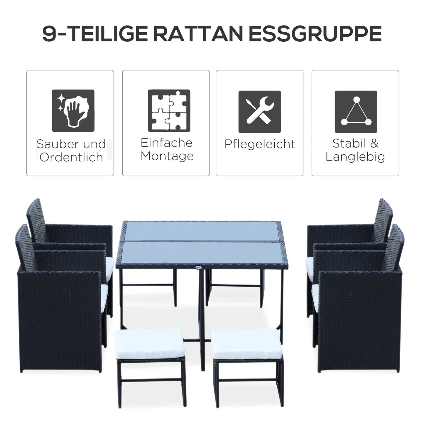 Outsunny 9 TLG. Polyrattan Gartenmöbel Rattan Gartenset Sitzgruppe Garnitur Essgruppe inkl. Kissen Schwarz 109 x 109 x 72 cm