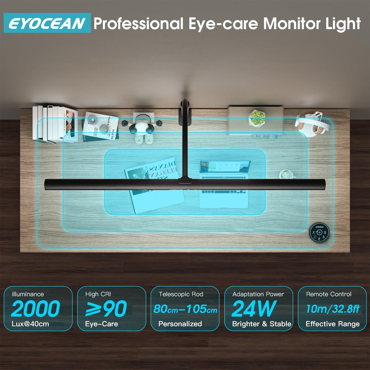 EYOCEAN Schreibtischlampe LED, 24W 80CM Tischlampe mit Gestensteuerung, Dimmbare Tageslichtlampe Augenschutz Monitor Lampe für Arbieter in Büro Leser Architekenden Schneider