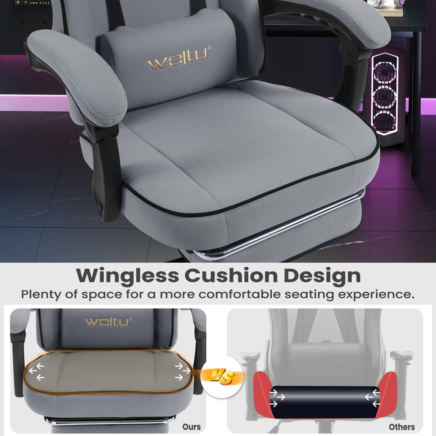 WOLTU Gaming Stuhl mit Taschenfederkissen, Gaming Sessel 150 kg Belastbarkeit, ergonomischer Drehstuhl, Gamer Stuhl mit Kopfkissen, Lendenkissen, Fußstütze, Netzstoff, Grau,GS11gr