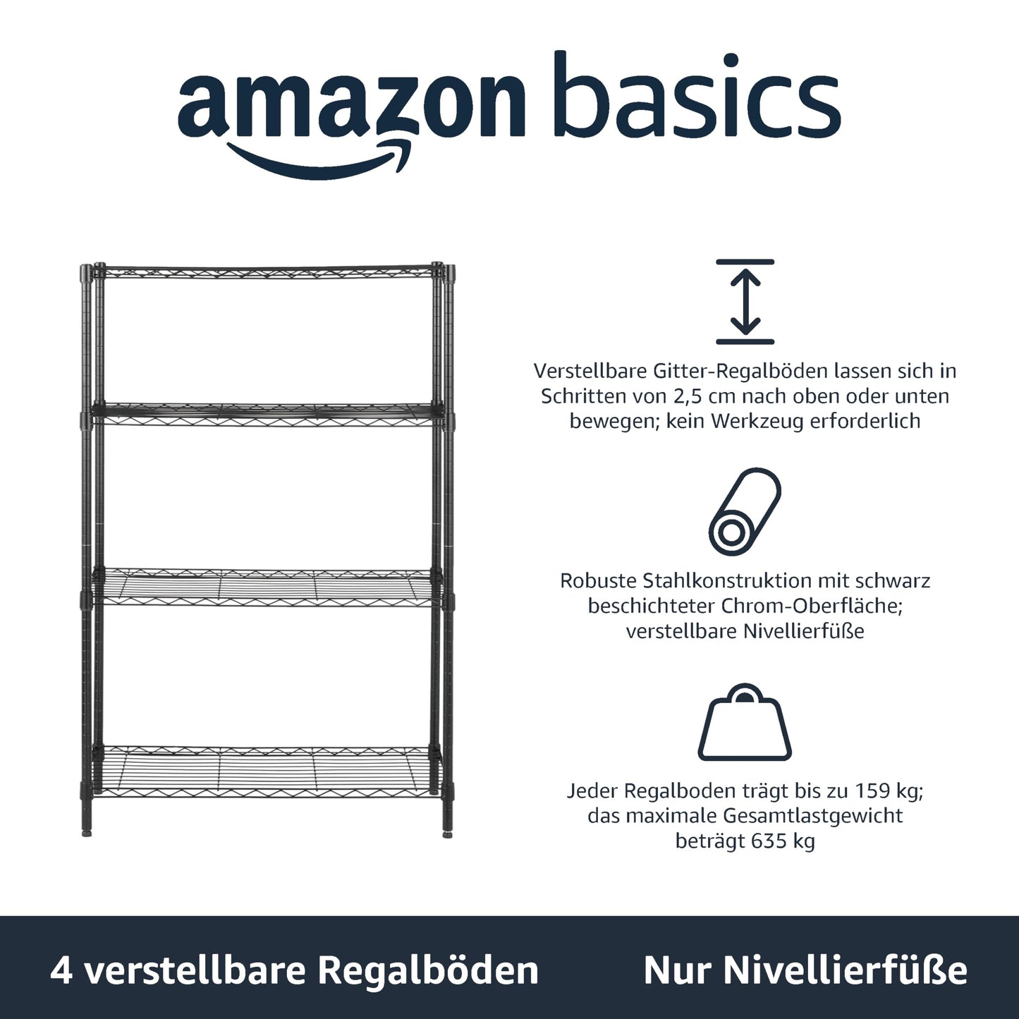 Amazon Basics – Aufbewahrungseinheit mit 4 Regalböden, höhenverstellbaren Einlegeböden und Nivellierfüßen, max. Gewicht 640 kg, Schwarz, 35.5 x 91.4 x 137.1 cm (T x B x H)