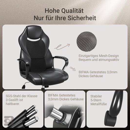 BASETBL Bürostuhl Chefsessel 150kg Schreibtischstuhl, Bürosessel Office Chair Gaming Stuhl, Bürostühle ergonomisch PU Leder, PC Stuhl Drehstuhl Hat weiche gepolsterte Armlehnen, Wippfunktion, schwarz
