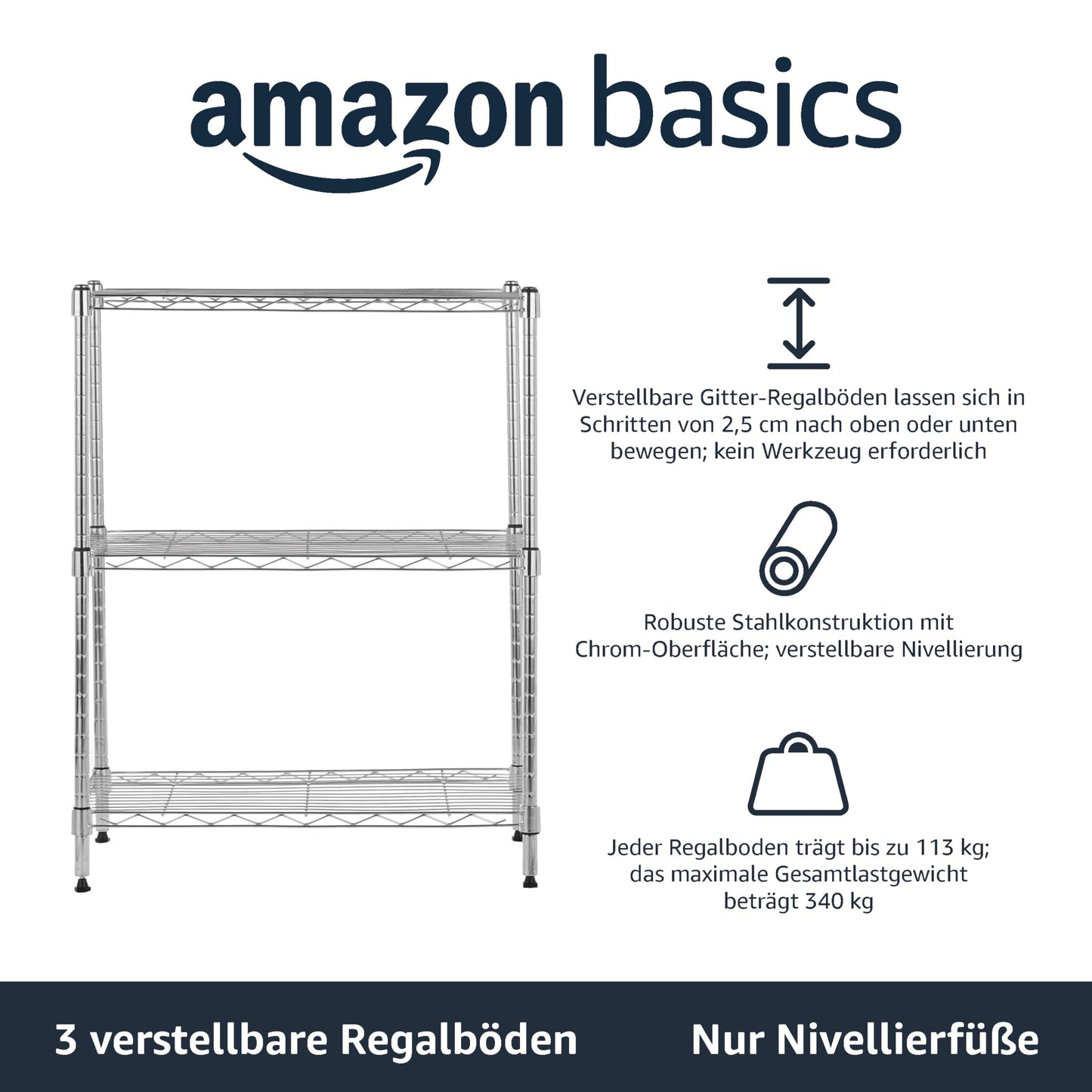 Amazon Basics Schmaler Aufbewahrungsschrank mit 3 Regalböden, höhenverstellbaren Einlegeböden und Nivellierfüßen, maximales Gewicht 340 kg, Chrom, 34 cm T x 58.9 cm B x 76.2 cm H