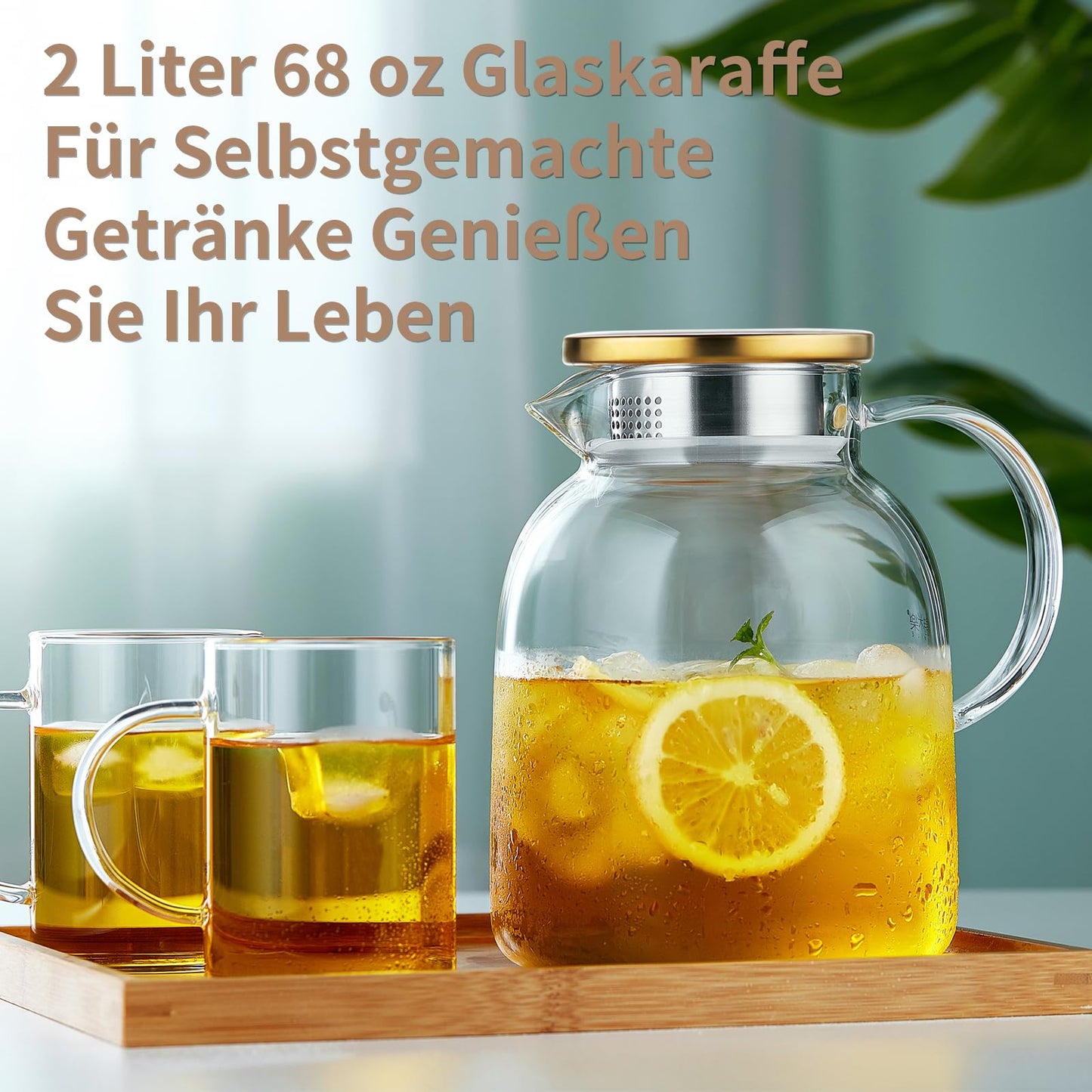 MESNEY Karaffe 2 liter, Wasserkaraffe, Glaskaraffe mit Deckel und Auslauf, Borosilikatglas Wasserkaraffe, Spülmaschinenfest, Getränkekanne für hausgemachten Eistee und Saft