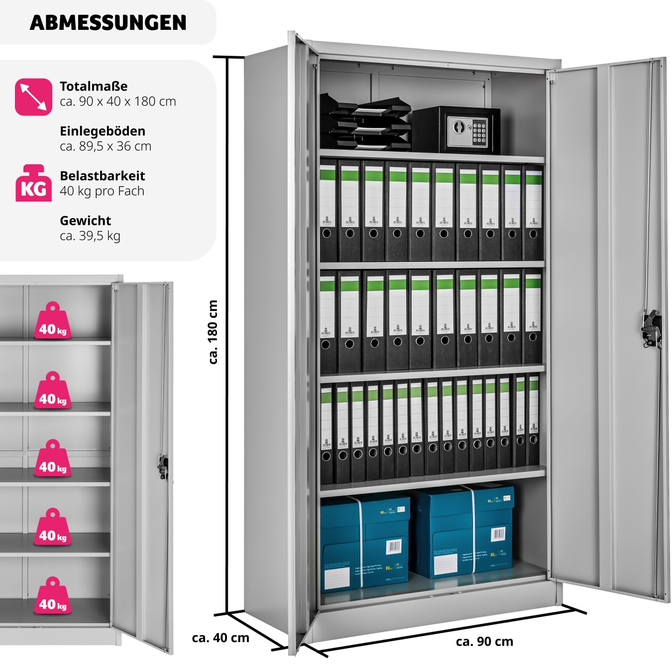 tectake® Aktenschrank, Büroschrank abschließbar, Mehrzweckschrank aus Stahl, Allzweckschrank, mit 2 Türen, Ink. 5 höhenverstellbare Einlegeböden, Aktenschrank abschließbar, 180x90x40 cm - grau