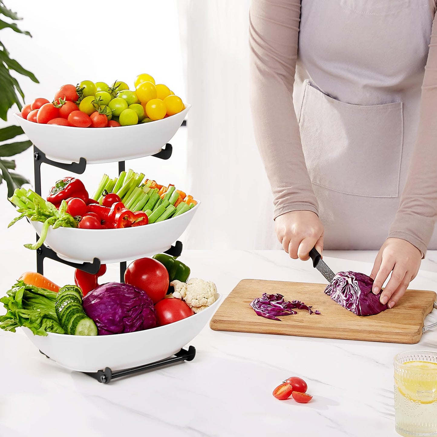 Lifewit Obst Etagere mit 3 Etagen,Obstschalen aus Kunstsoff mit Schwarzem Metallregal, Obstkorb Etagere 3 Stöckig, Obstständer Obstregal mit Weiße Servierplatte für Buffets/Obst/Snack/Gemüse/Desserts