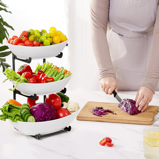 Lifewit Obst Etagere mit 3 Etagen,Obstschalen aus Kunstsoff mit Schwarzem Metallregal, Obstkorb Etagere 3 Stöckig, Obstständer Obstregal mit Weiße Servierplatte für Buffets/Obst/Snack/Gemüse/Desserts