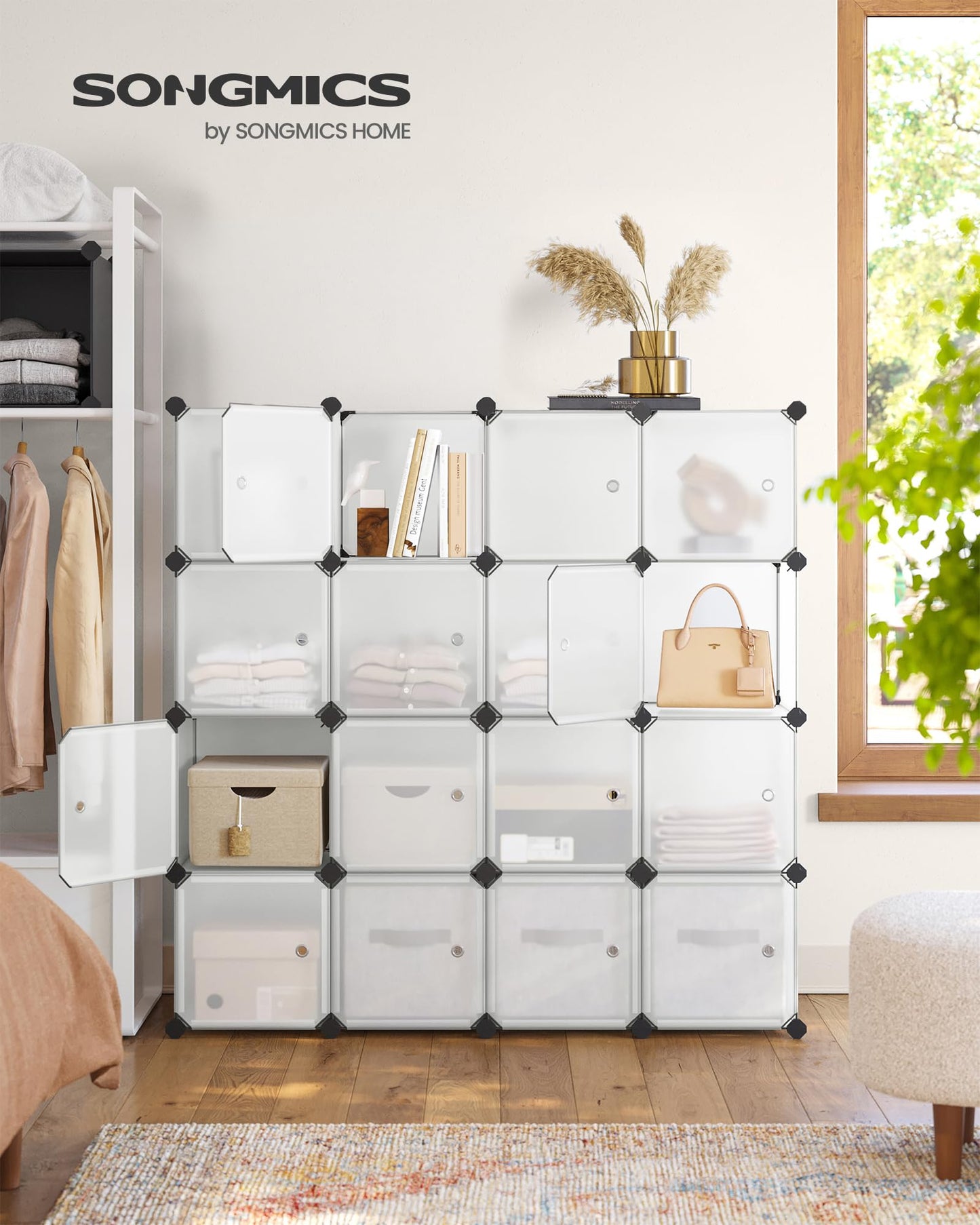 SONGMICS Regalsystem, Schuhregal, Set aus 16 Würfeln, Kleiderschrank aus Kunststoff, mit Türen, Steckregal, Aufbewahrung von Kleidung, Schuhen und Büchern, einfache Montage, weiß LPC44BS