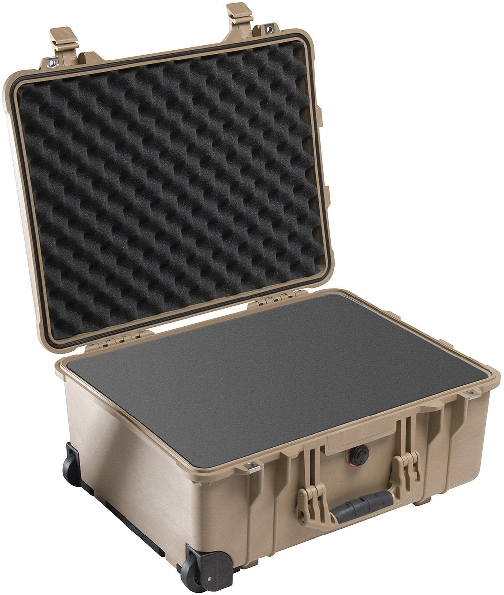 PELI 1560 Langer Schutzkoffer mit Rollen und Einziehbarem Teleskopgriff, IP67 Wasser- und Staubdicht, 44L Volumen, Mit Schaumstoffeinlage (Anpassbar), Sandfarben, 1560-000-190E