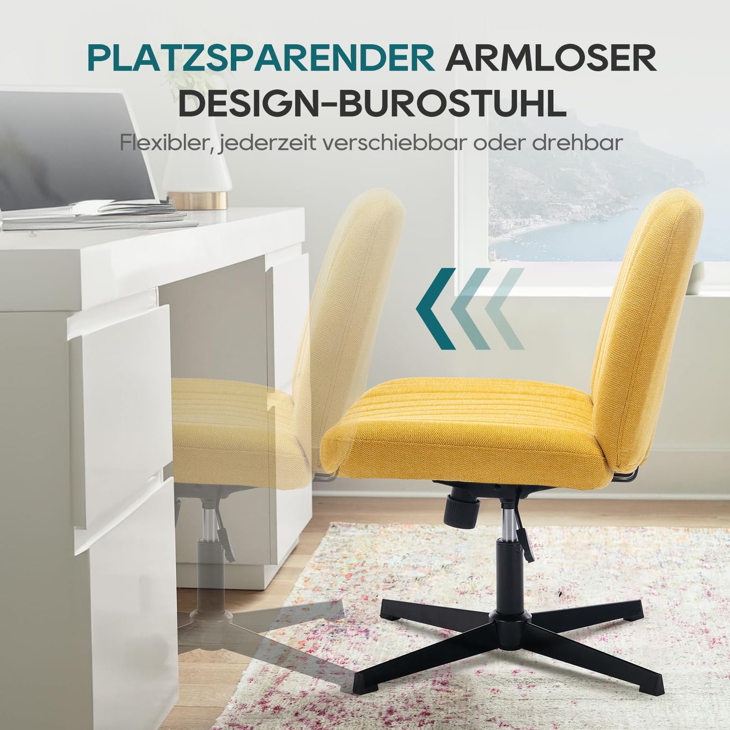 COLAMY Breiter Bürostuhl, Gepolsterter Armloser Schreibtischstuhl Drehbarer Home Office Stuhl 115° Wippfunktion Ergonomischer Computerstuhl für Home Office, Schminken, Gaming (Kreuzfuß, Gelb)