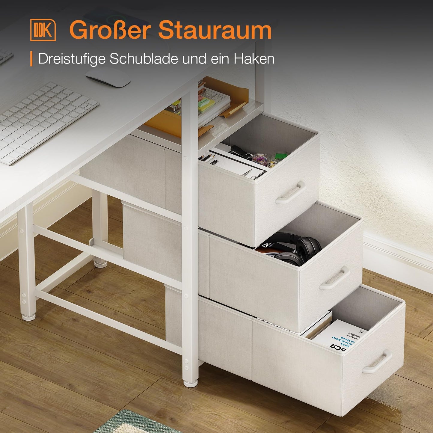 ODK Kleiner Schreibtisch mit 3 Schubladen aus Stoff, Computertisch mit 2 Steckdosen und USB-Anschlüssen, Umkehrbarer PC-Schreibtisch Bürotisch für kleines Home Office(Weiß, 100x48x75,5 cm)