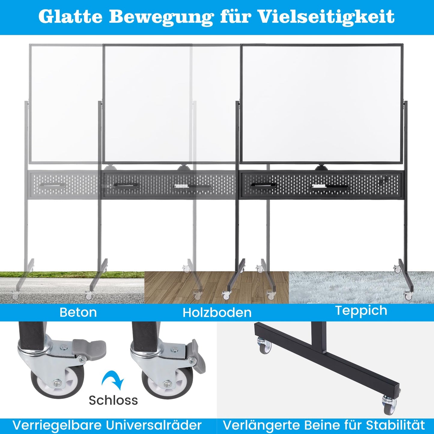 COSTWAY Doppelseitiges mobiles Whiteboard, 120 x 90 cm, Trocken abwischbares magnetisches Whiteboard mit Stecktafel, Rollen und Ständer, inkl. Zubehör für Büro, Zuhause (Schwarz)