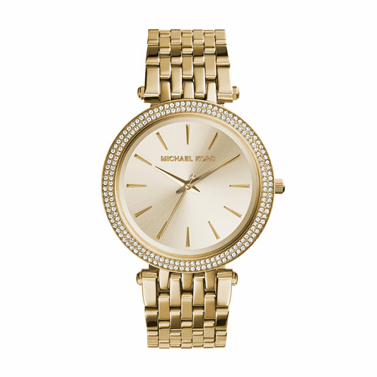 Michael Kors Damen Quartz Armbanduhr, 39.00mm Gehäusegröße mit champagnerfarben analog Zifferblatt und Gold Metallarmband Armband MK3191
