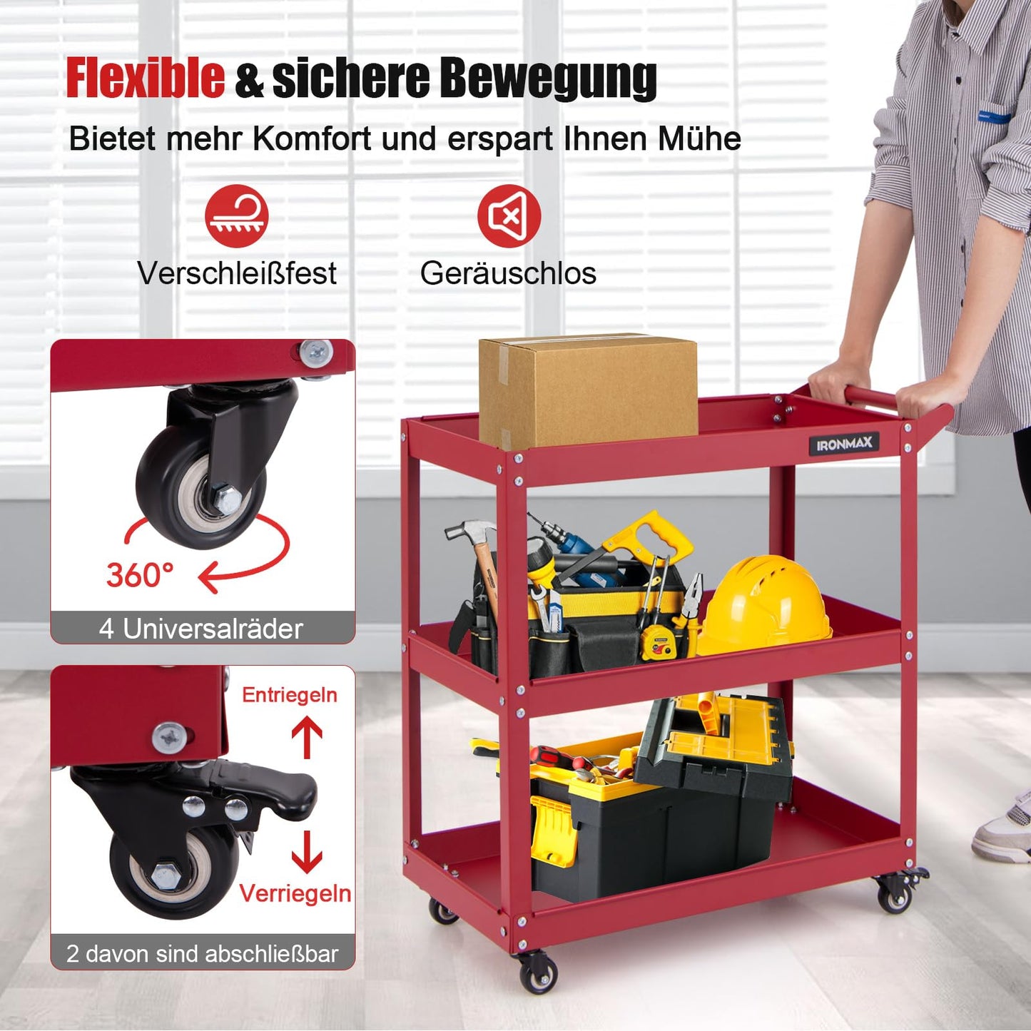 COSTWAY Werkstatt-Rollwagen mit 2 Etagen, Werkzeugwagen mit Handgriff, Werkstattwagen aus Metall, bis zu 100 kg belastbar, Montagewagen Etagenwagen für Zuhause, Garage, 85 x 41 x 79 cm (Rot)