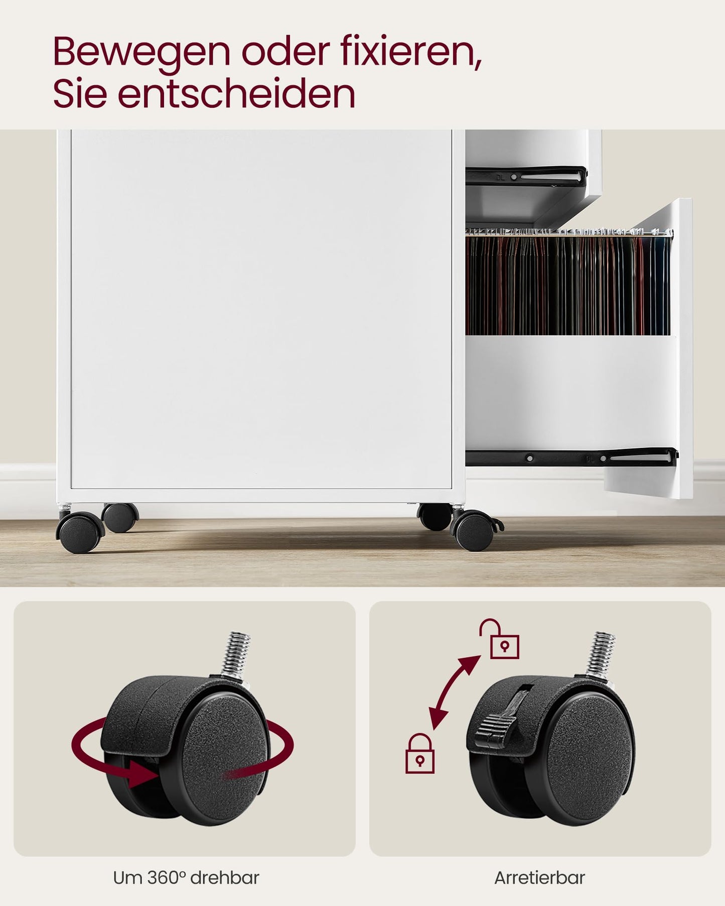VASAGLE Rollcontainer, Aktenschrank mit 2 Schubladen, mobiler Büroschrank mit Rädern, offenes Fach, Hängeregistratur, Stahlgestell, modern, wolkenweiß OFC071W14