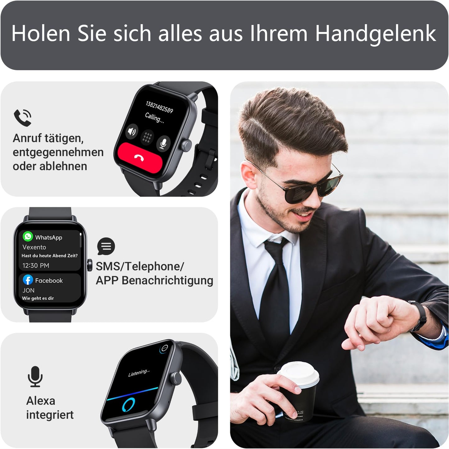 Gydom Smartwatch Herren mit Telefonfunktion Alexa Integriert 1.8" Damen Fitnessuhr 100+ Sportmodi, SpO2, Herzfrequenz, Stress, Schlafmonitor,100 Zifferblätter IP68 Wasserdicht für Android IOS