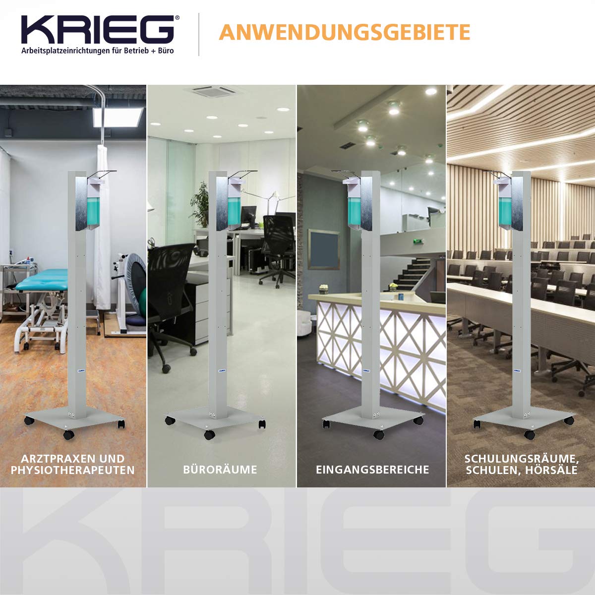 KRIEG Desinfektionssäule stehend I Silber I Hygienestation freistehend & mobil I Hygienesäule mit Desinfektionsmittel I 1000 ml - 333 Sprühstöße I Ready to go