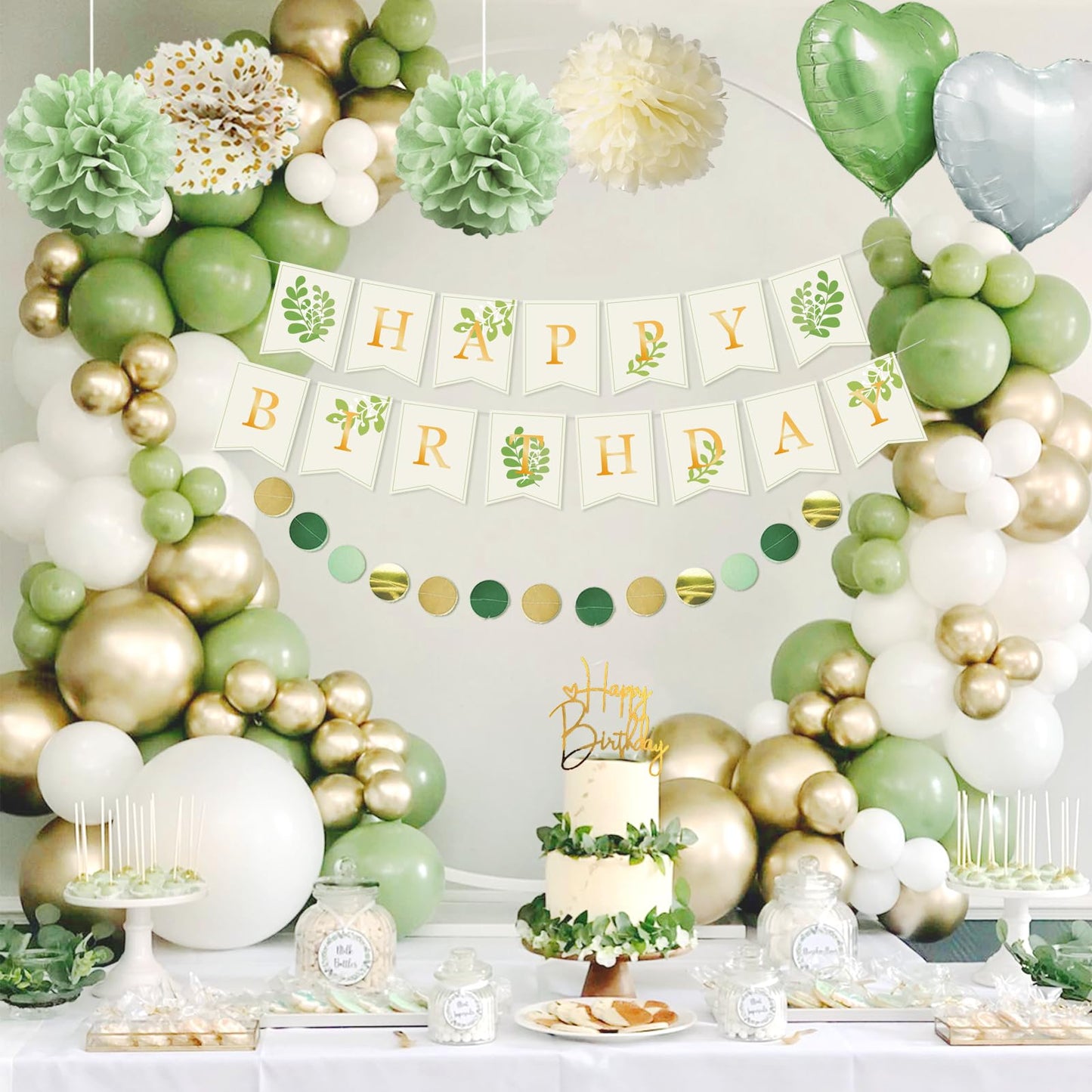 Geburtstagsdeko Grün Gold,Deko Geburtstag Mädchen,Dschungel Kindergeburtstag Deko mit Happy Birthday Banner Ballon Girlande Pompons Grün für Junge Frauen Geburtstag Party Deko
