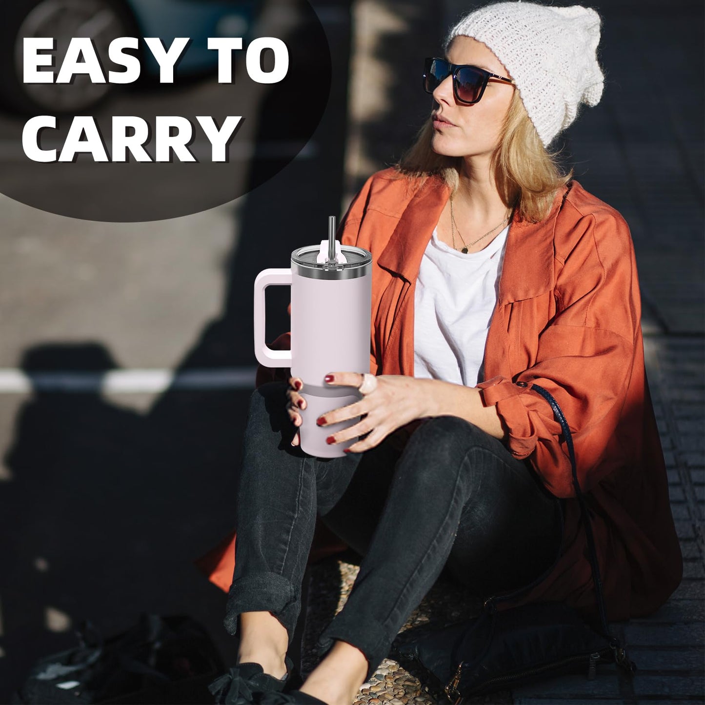 WATERSY 40oz Kaffeebecher to Go Thermobecher Doppelwandiger Edelstahl Vakuum Auslaufsicher Trinkbecher mit Griff und Strohhalm Thermo Tumbler Rosenpulver
