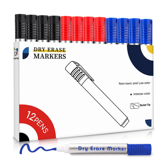 maxtek Whiteboard Marker 12 Whiteboard Stifte Rundspitze ca.2-3mm Linienbreite, Set mit 3 Farben hohe Qualität Geruchsarme Tinte, Zubehör für Schule, Büro, Zuhause