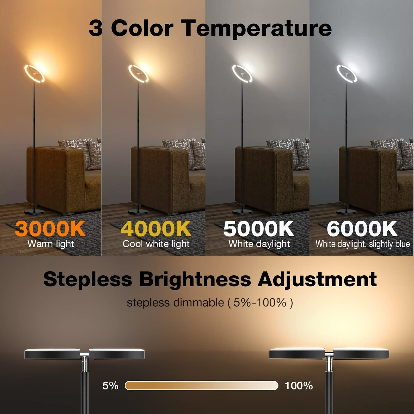SIBRILLE Stehlampe LED Dimmbar, Schwarz Stehlampen Stehleuchte 20W Modern Deckenfluter mit Fernbedienung 1300LM Warmweiß Kaltweiß Leselampe, Touch Stehleuchte für Büro Wohnzimmer Schlafzimmer Hotel