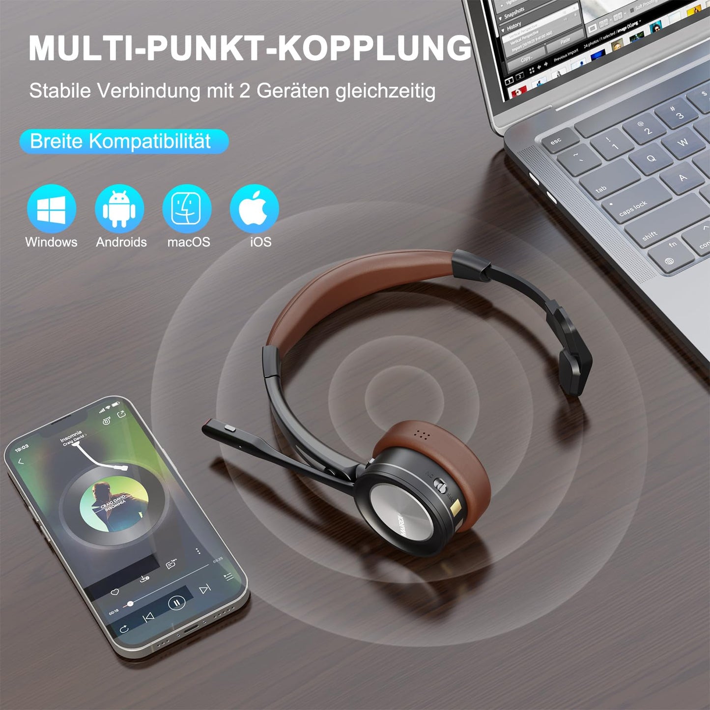 Mairdi Wireless Headset mit Mikrofon Noise Canceling, Mono Bluetooth Headset mit Ladestation, mit USB Bluetooth Adapter für Handy PC Call-Center Büro Zoom Microsoft Team Skype Chat