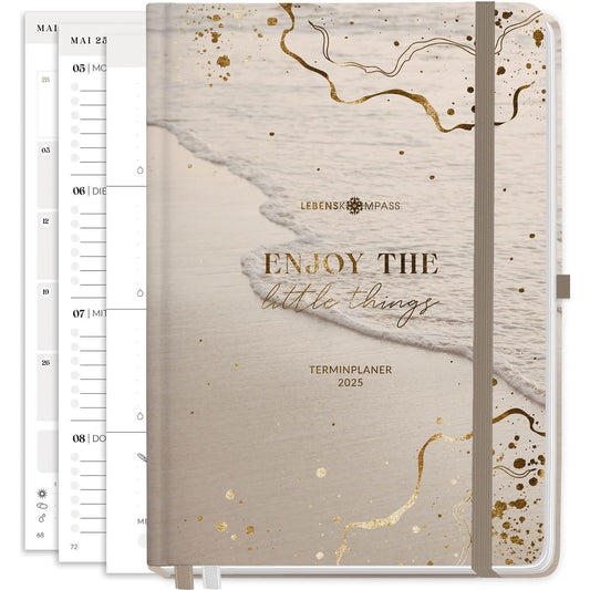 Lebenskompass Kalender 2025 Buchkalender A5 "STRAND" - Schöner Wochenplaner 2025 & Terminkalender 2025 - stabiles Hardcover mit edler Folienprägung