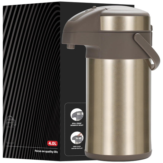 Olerd Pumpkannen Thermoskannen Kaffeespender 4,0 Liter, Edelstahl Doppelwandige Pump Vakuum Isolierkanne mit Pumpmechanismus, Kaffeekaraffe, Kanne für 24 Tassen (Gold)