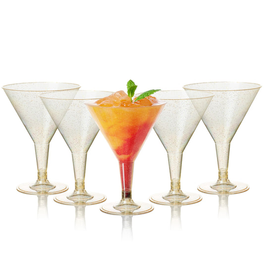 MATANA 48 Plastik Cocktailgläser mit Goldglitter, Martini Gläser Kunststoff, 210ml - Mehrweg Plastikbecher - Margarita Gläser, Cocktail Becher für Partys, Geburtstagen, Hochzeiten
