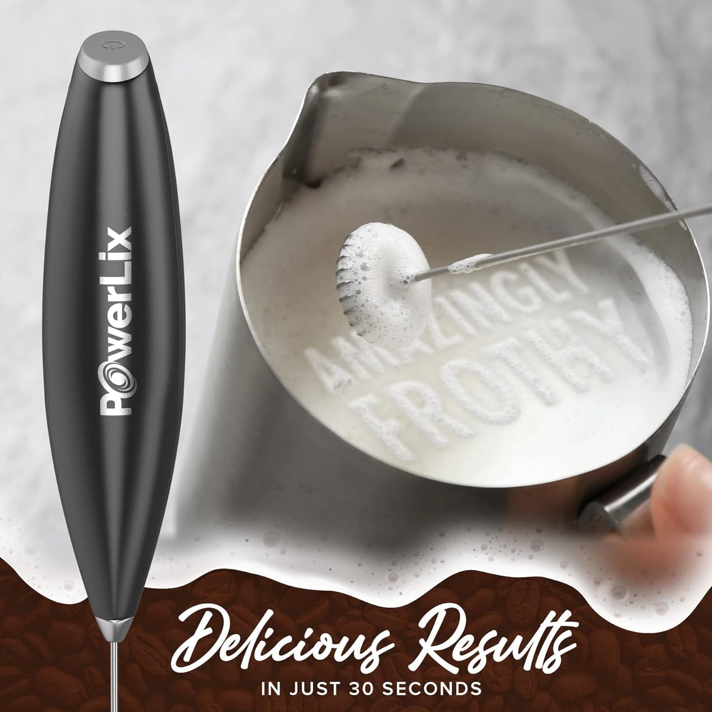 PowerLix Milchaufschäumer Stab, Milchschäumer Elektrisch - mit Edelstahlständer 15-20s, 19000 U/min, Batteriebetriebener Milk Frother für Kaffee, Latte, Cappuccino, Heiß & Kalte Schokolade