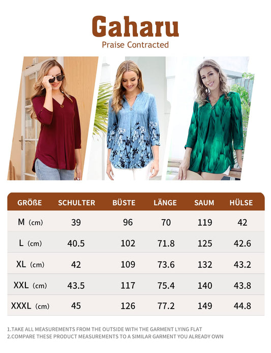 Gaharu Abendblusen Damen Festlich Elegant Arbeitsbluse Rot Oberteile Frauen Shirt V-Ausschnitt Langarm Longshirt Lässig Blusen & Tuniken für Damen 3/4 Arm Burgundy Bluse mit Stretch Weinrot,XXXL