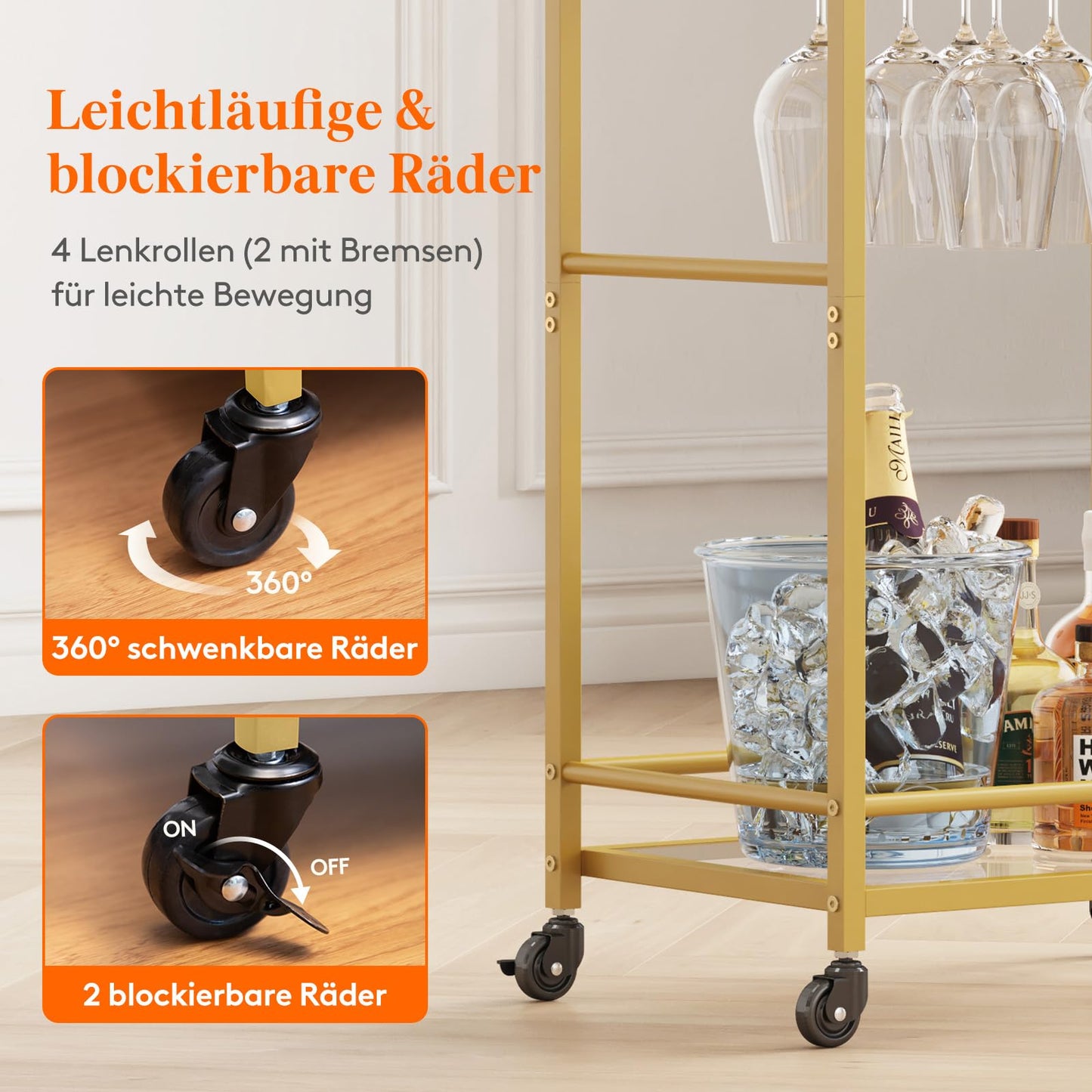 Lifewit Servierwagen, Barwagen auf blockierbaren Rädern, rollender Küchenwagen mit 2 verspiegelten Ebenen, Wein Spirituosen Wagen mit Glashalter, Cocktail Barwagen für Küche & Wohnzimmer, Gold