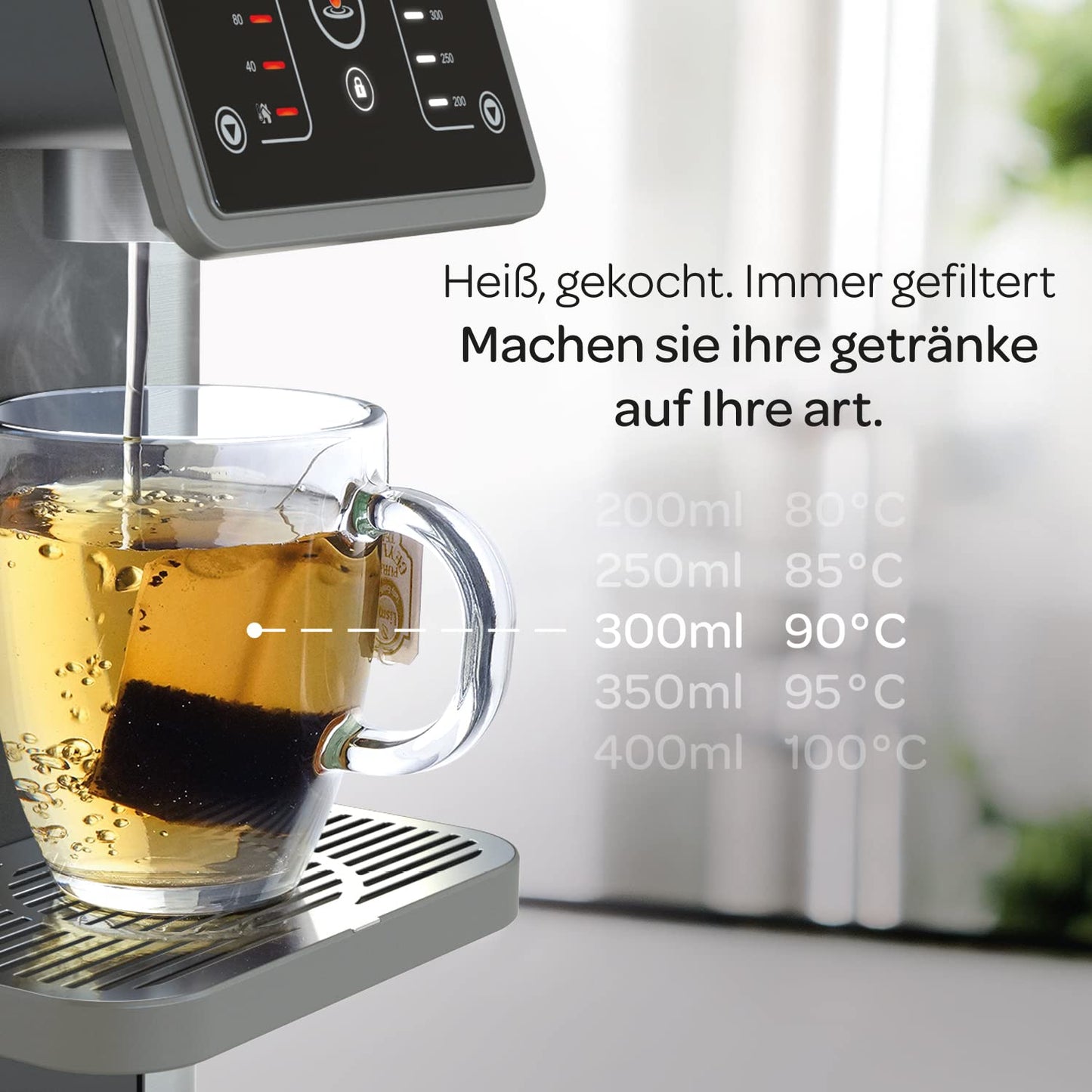 Aqua Optima Aurora Instant-Heißwasserspender, 3,8 Liter Fassungsvermögen, 49 Volumen- und Temperaturoptionen, mit Wasserfilter zur Reduzierung von Mikroplastik Verunreinigungen, Schwarz & Silber