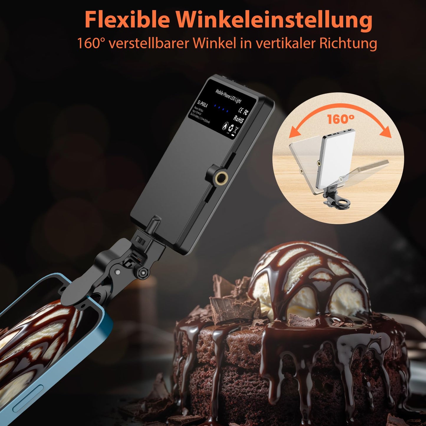 TONEOF Selfie Licht Handy, 60LED Wiederaufladbares Videolicht mit Clip&Zwei 1/4" Schraubenlöchern, 2500K–9000K 3 Lichtmodi, Tragbares Foto Licht für Handy/Laptop/Tablet-Schwarz