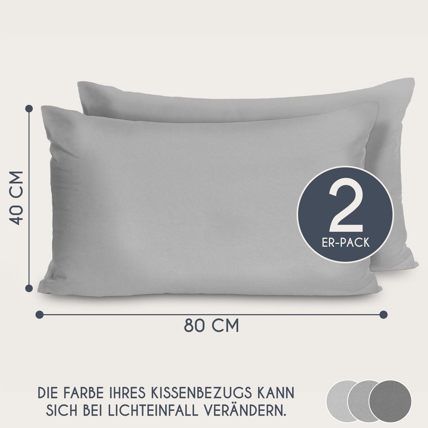 Kissenbezug 40 x 80 Renforcé Baumwolle (2er-Set) - Hellgrau - Dicht gewebt mit 57 Fäden/cm² - Kissenbezug 40x80 cm - Oeko Tex Zertifiziert - Dreamzie